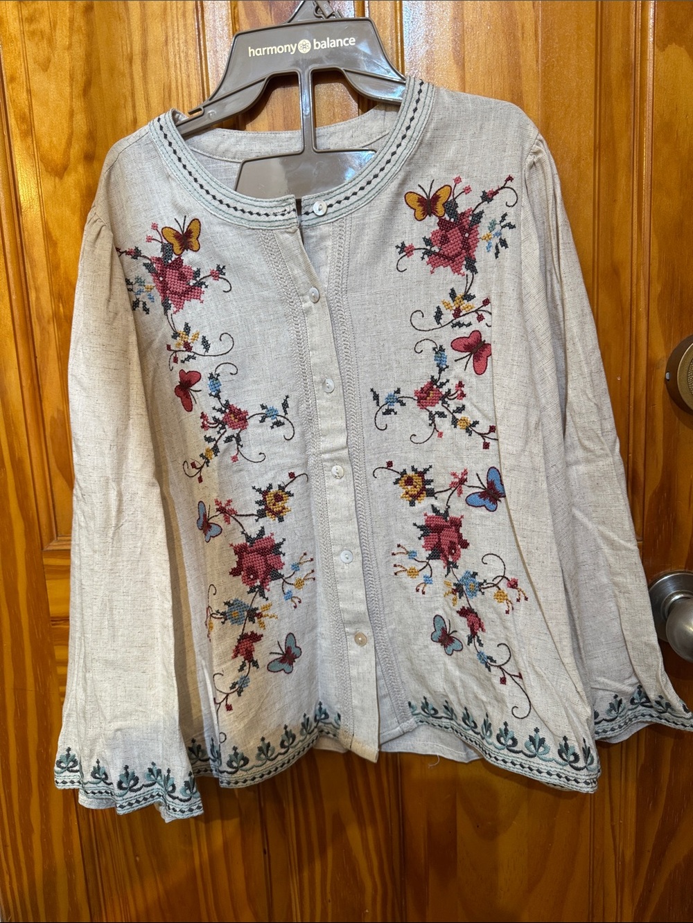 Solitaire Cream Embroidered Button-Front Top with Multicolor Floral Motifs